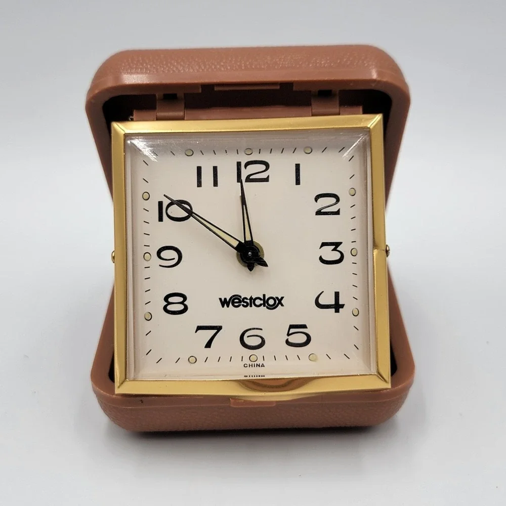 VINTAGE‎ WESTCLOX Travel Alarm Clock Wind-Up Brown Folding Case - Untested